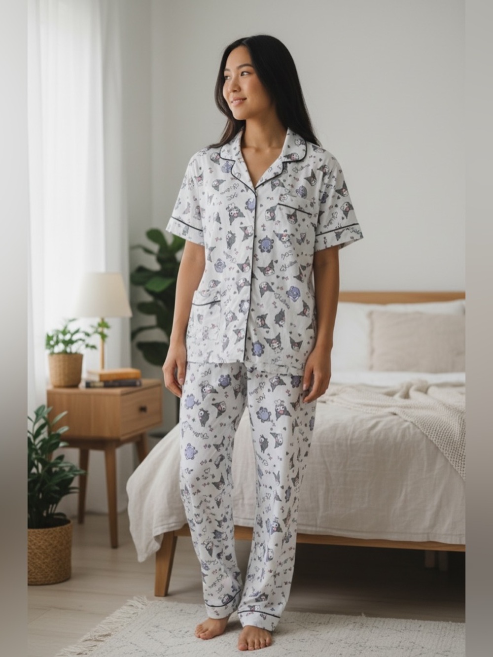 White Floral & Cat Print Short-Sleeve Pajama Set